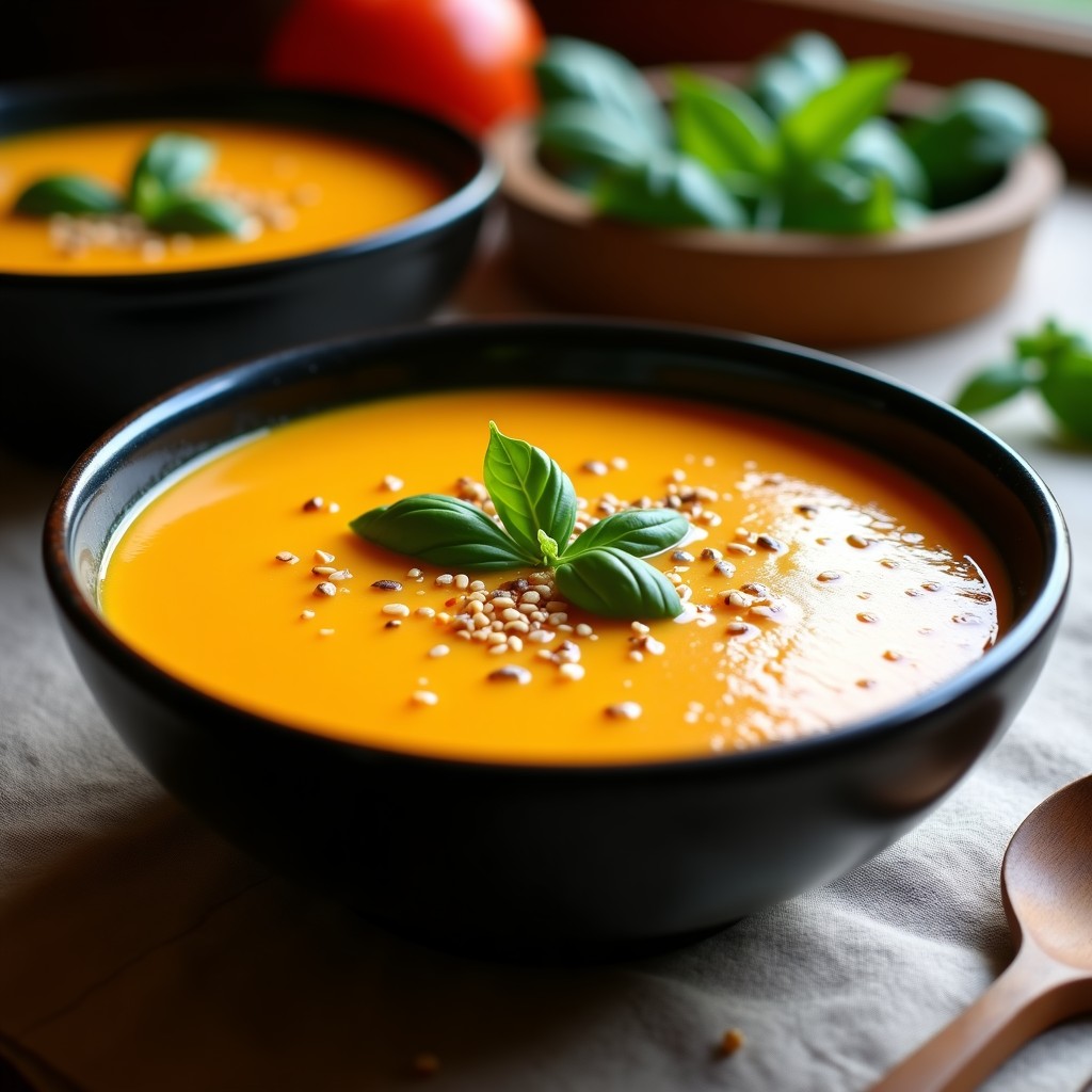 Plato hondo de cerámica blanca con sopa de tomate kaniwa y albahaca, decorado con hojas frescas de albahaca y un chorrito de aceite de oliva. La sopa tiene un color dorado intenso con trozos de tomate, zanahoria y kaniwa visible. Fondo rústico con un paño de lino y una cuchara de madera.