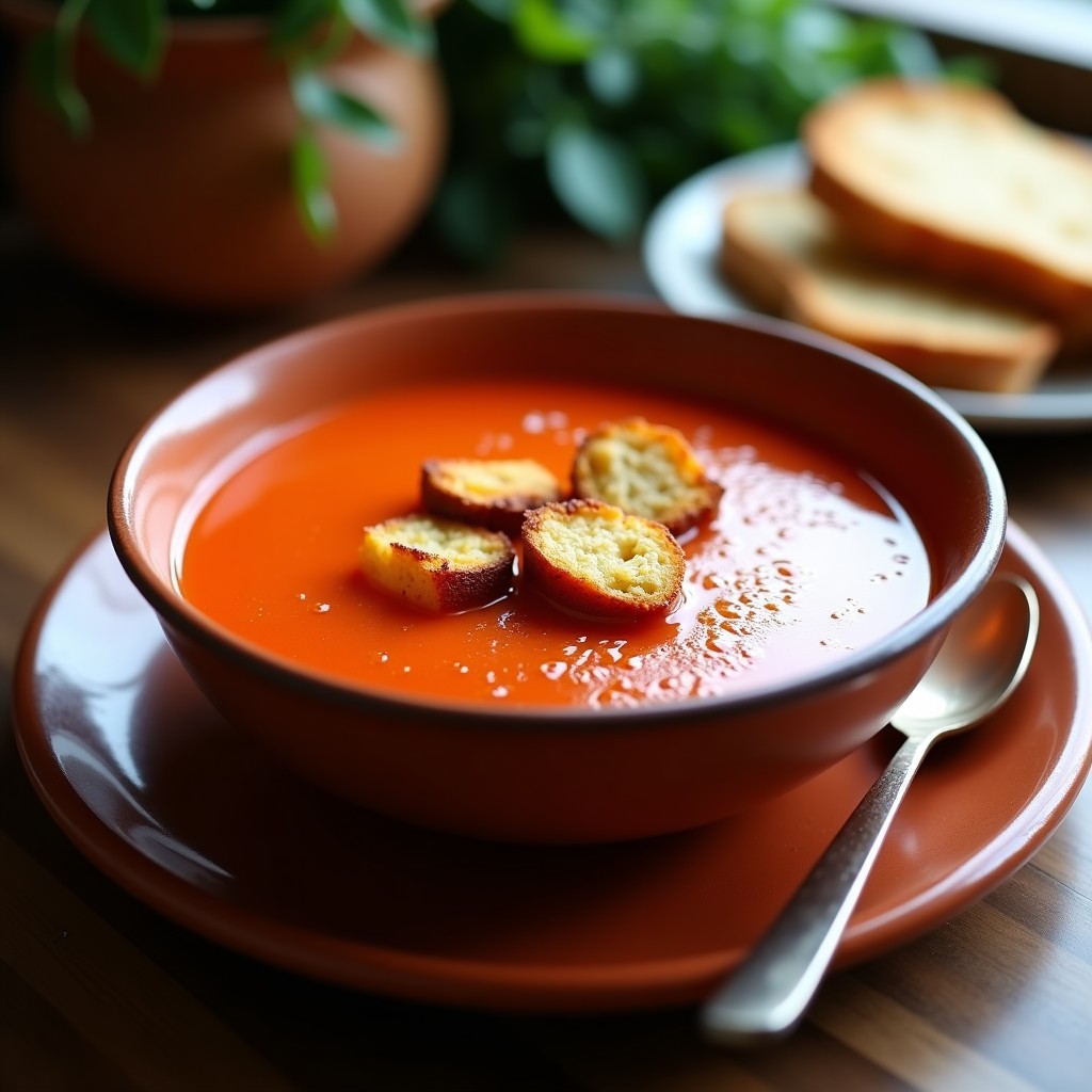Cuenco de barro rústico con sopa de tomate y pimentón ahumado de color rojo intenso, coronada con croutons dorados de pan de centeno y un hilo de aceite de oliva virgen extra. Fondo de mesa de madera con una cuchara de madera y una rebanada de pan de centeno.