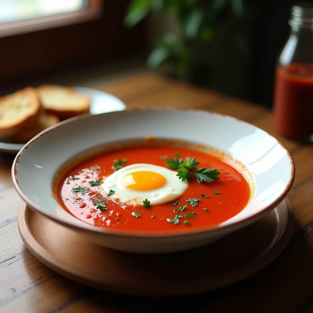 Plato hondo de barro con sopa de tomate y pimentón picante de color rojo intenso, coronado con un huevo poñado de yema líquida, espolvoreado con pimentón ahumado y acompañado de rebanadas de pan de campo tostado. Receta argentina tradicional.