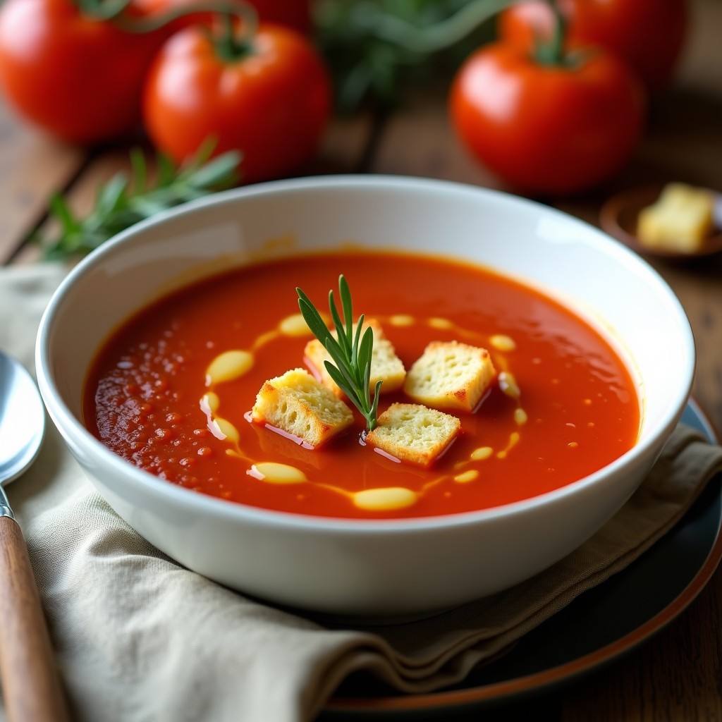 Cuenco de cerámica blanca con sopa de tomate y pimiento ahumado en Thermomix, de color rojo intenso y textura cremosa, decorada con trozos de pan tostado y un hilo de aceite de oliva virgen extra. Fondo rústico con servilleta de lino y ramita de romero.