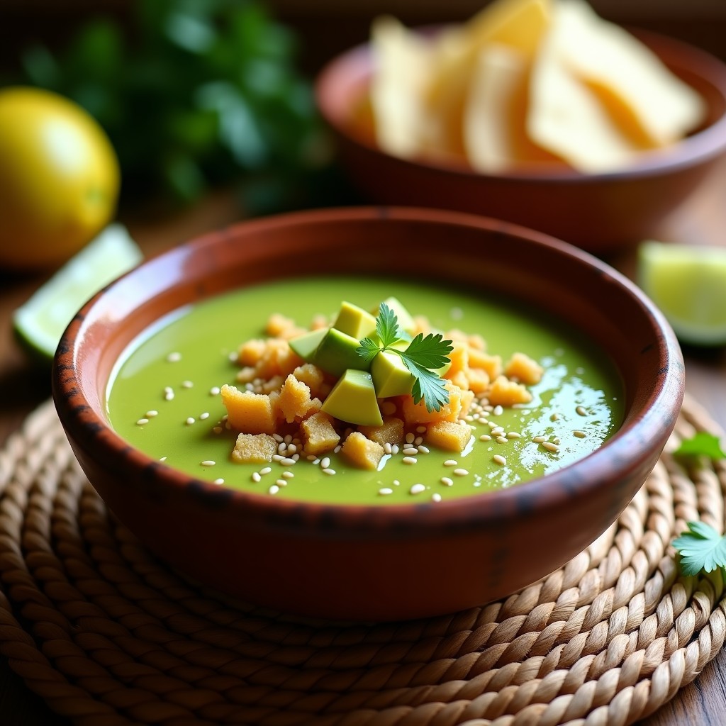 Plato hondo de cerámica negra con sopa cremosa de tomate verde y aguacate, decorada con trocitos de aguacate fresco, cebolla morada en juliana y crujiente de tostadas de maíz doradas con semillas de sésamo. Fondo rústico con mantel de lino beige.