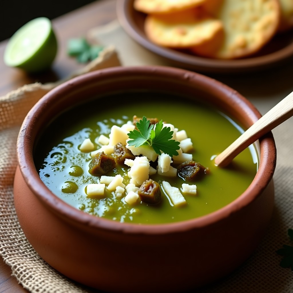 Plato hondo de barro con sopa de tomate verde espesa, trozos de chile poblano asado, queso panela desmenuzado derritiéndose y hojas de cilantro fresco. Acompañada de tostadas de maíz doradas y limón verde en rodajas, sobre un mantel de fibra natural con luz cálida.