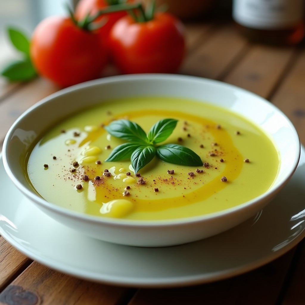 Sopa cremosa de tomates verdes y albahaca italiana en cuenco de cerámica blanca, decorada con hojas frescas de albahaca y un hilo de aceite de oliva virgen extra, servida sobre mesa de madera rústica con fondo desenfocado.