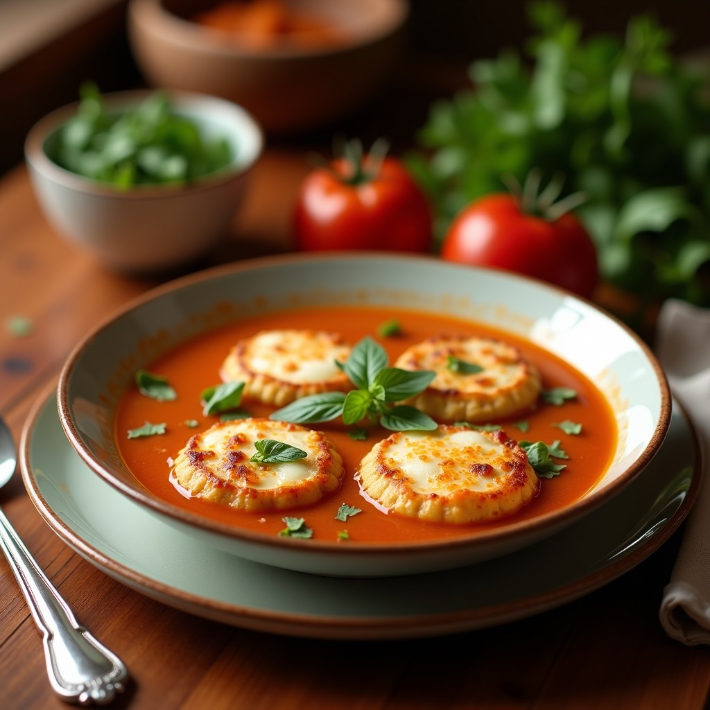 Plato hondo de cerámica blanca con sopa cremosa de tomates verdes, coronada con torejas doradas de queso panela y espolvoreada con cilantro fresco. Fondo rústico con pan de maíz y cuchara de madera.