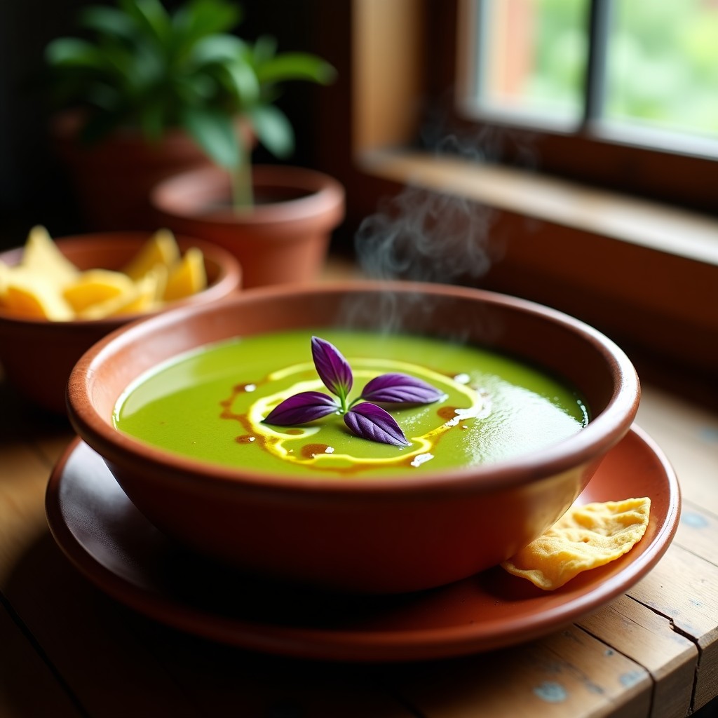 Sopa mexicana cremosa de tomatillo y albahaca morada servida en un bol de barro, con hojas frescas de albahaca morada y un hilo de aceite de oliva, acompañada de totopos dorados.