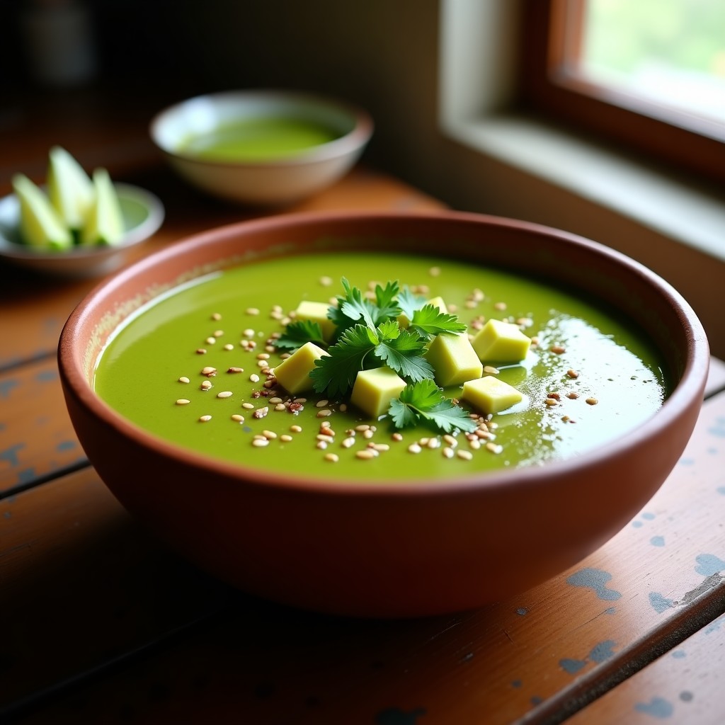 Cuenco hondo de barro con sopa de tomatillo y chipotle vegana, trozos de aguacate cremoso, cilantro fresco picado y semillas de sésamo tostadas. Fondo rústico con textura de madera y limones verdes al lado.