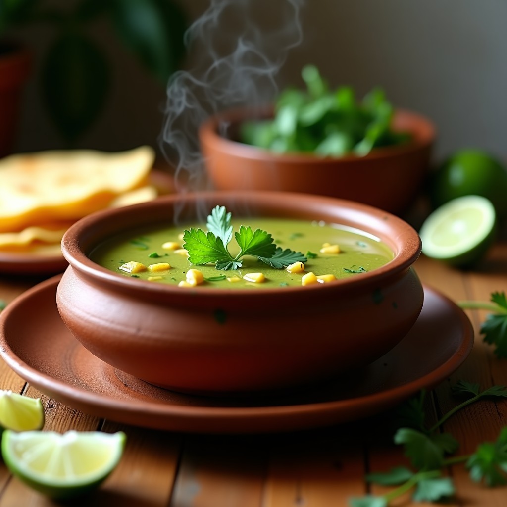 Tazón de sopa de tomatillo y chipotle humeante, con textura cremosa y color verde pálido, decorada con cilantro fresco y rodajas de limón, sobre fondo rústico de madera.