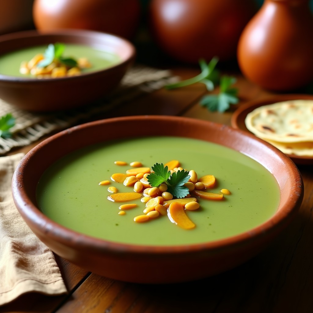 Plato hondo de barro con sopa de tomatillo y chirivía de color verde pálido, decorada con semillas de calabaza tostadas doradas y cilantro fresco picado, sobre una mesa rústica de madera con tortillas de maíz al lado.
