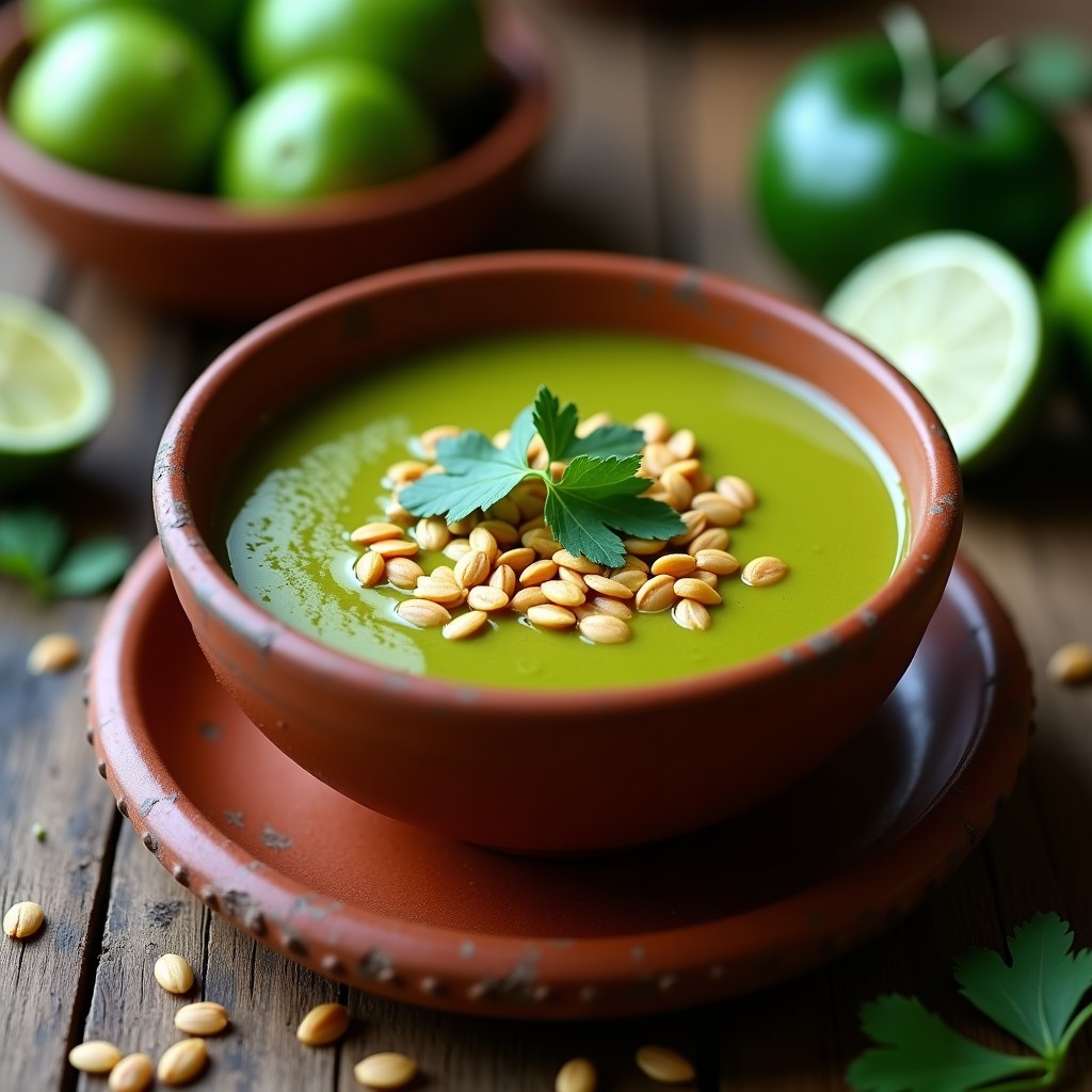 Plato hondo de barro con sopa de tomatillo y pepita de color verde claro, decorada con pepitas tostadas doradas, cilantro fresco y un hilo de aceite de oliva. Fondos de tomatillos y semillas dispersas sobre una mesa de madera rústica.