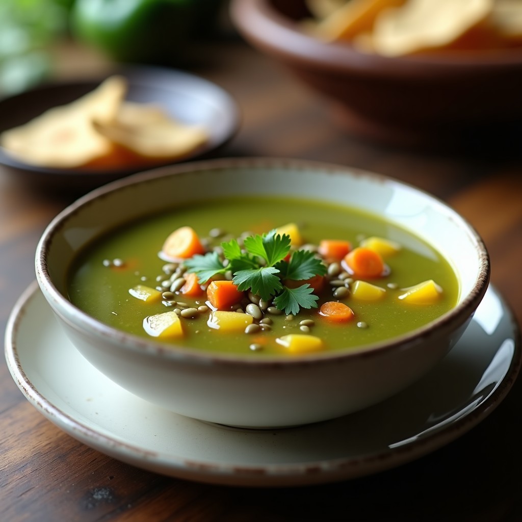 Tazón hondo de cerámica blanca con sopa de tomatillos y chile poblano, decorado con cilantro fresco y gajos de limón, sobre una mesa de madera rústica con fondo borroso de cocina tradicional mexicana.