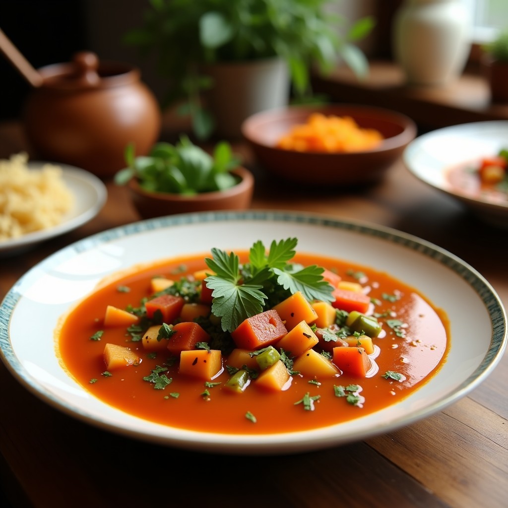 Cuenco hondo de cerámica blanca con sopa de verduras con quinoa, trozos de zanahoria, puerro y calabacín visibles, decorada con perejil fresco y un chorrito de aceite de oliva.