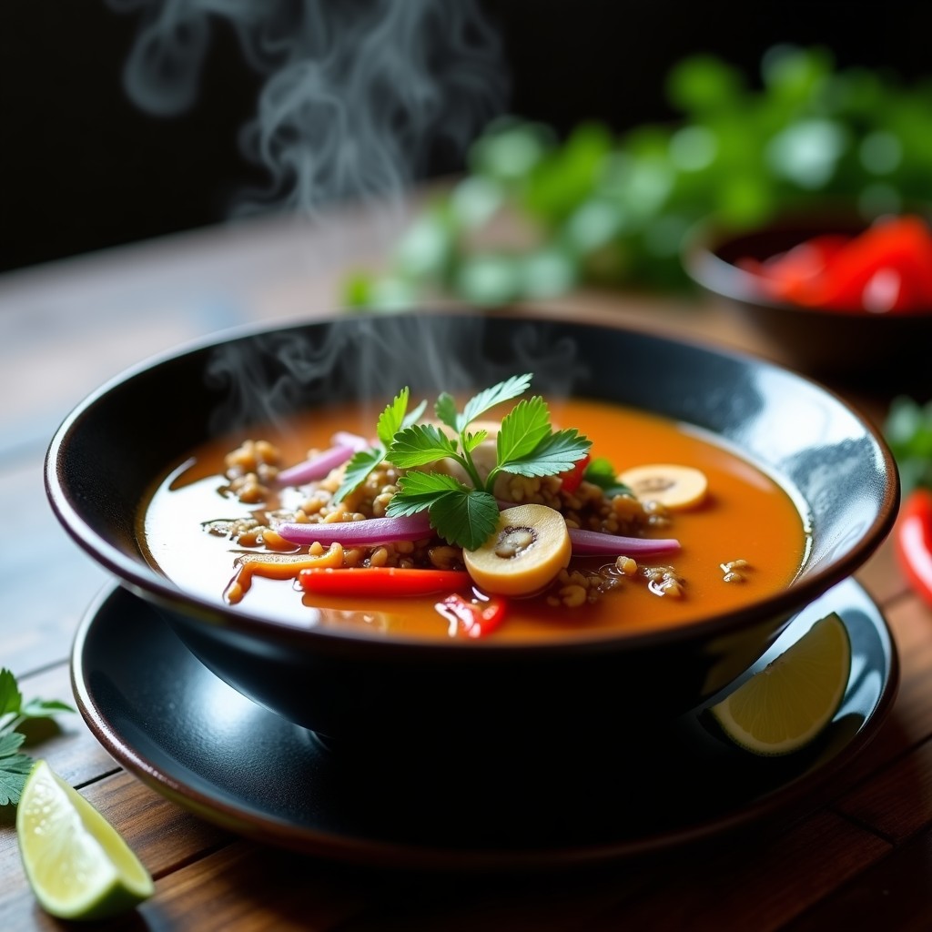 Cuenco negro de cerámica con sopa de verduras tailandesa humeante, champiñones shiitake, pimiento rojo y cebolla morada en caldo dorado. Decorado con cilantro fresco y rodajas de lima. Receta de sopa tailandesa en airfryer.