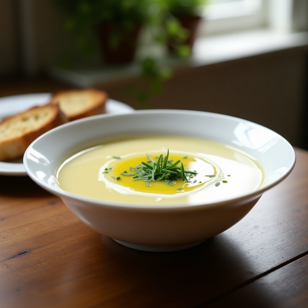Tazón blanco elegante con sopa Vichyssoise fría francesa, cremosa y de color marfil, decorada con cebollino picado, un hilo de aceite de oliva y un chorrito de nata líquida, sobre fondo rústico con pan tostado.