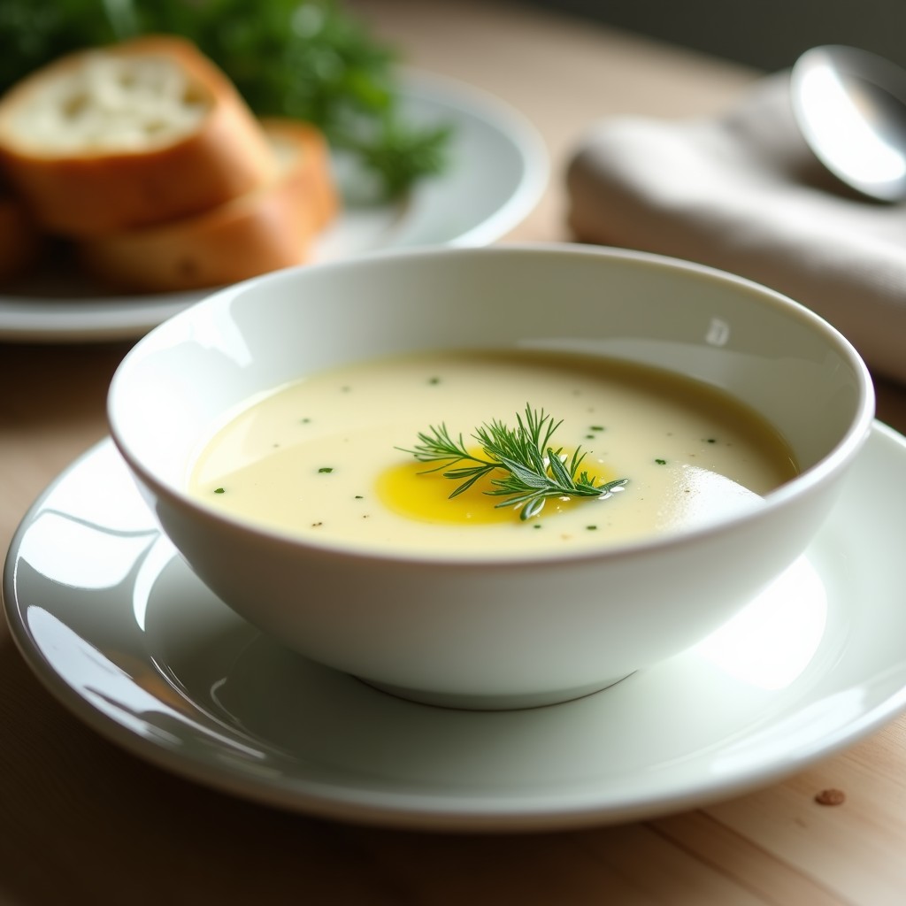 Cuenco blanco con sopa vichyssoise vegana fría, cremosa y de color beige claro, decorada con hojas de eneldo fresco y un hilo de aceite de oliva. Fondo con pan tostado y servilleta de lino. Receta thermomix sin lácteos.