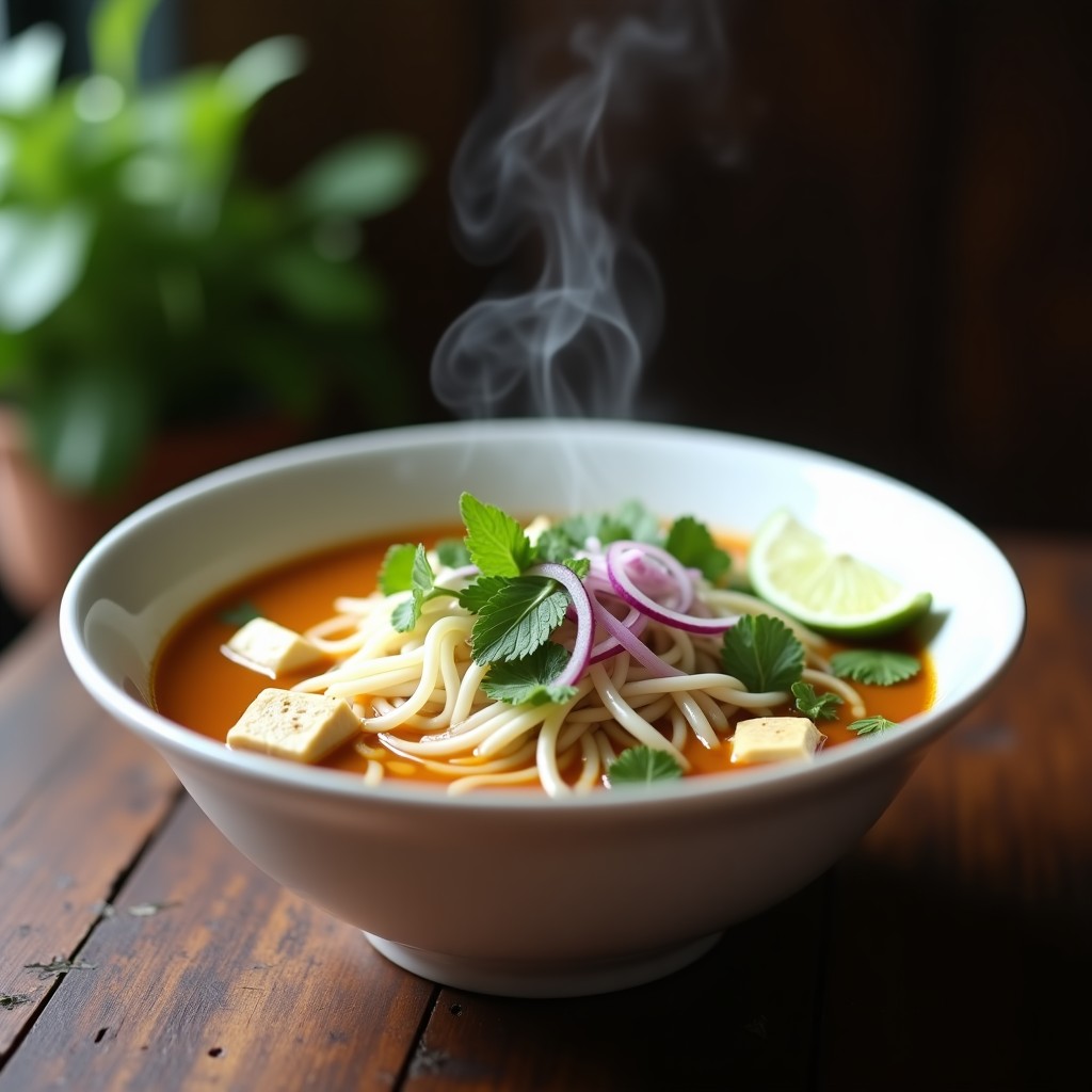 Cuenco hondo de cerámica blanca con sopa pho vegana, fideos de arroz, tofu sedoso, brotes de soja, cilantro y rodajas de limón. Caldo dorado y humeante con especias visibles.