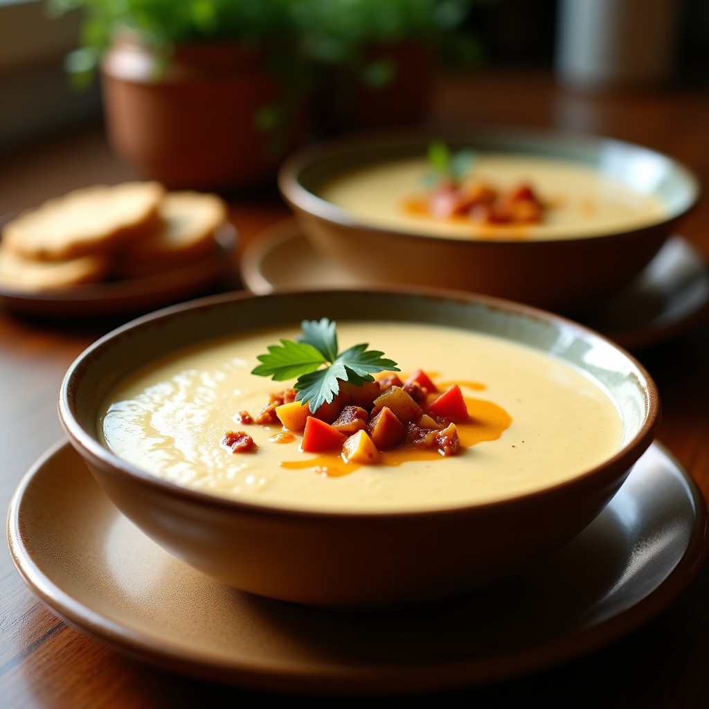 Sopa chilena espesa de ziplocotos y leche de coco servida en un bowl de barro, con trozos de camote naranja, cilantro fresco y un hilo de leche de coco por encima. Fondo rústico con ajíes secos y especias.