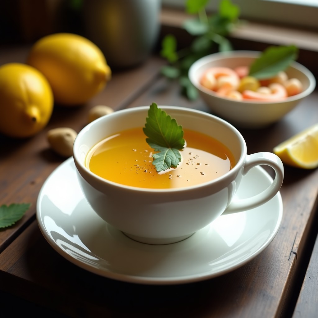 Taza de cerámica blanca humeante con sopatail de camarón y limón, decorada con hoja de laurel y ramita de cilantro, sobre fondo rústico de madera.