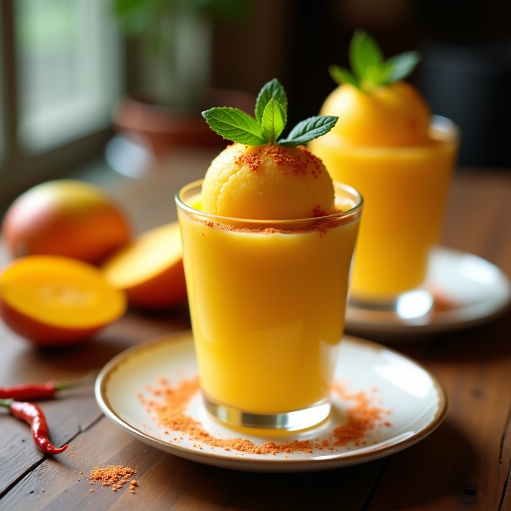 Copas transparentes con sorbet de mango y chile en polvo, decorado con hojas de menta fresca y un toque de chile ahumado en la superficie, sobre una mesa de madera rústica con luz natural.