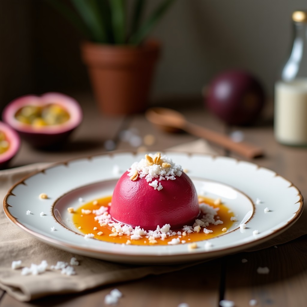 Copa de cristal transparente con sorbete de maracuyá de color amarillo intenso, coronado con virutas de coco tostadas doradas. Fondo borroso con hojas de menta y rodajas de maracuyá fresco como decoración. Postre vegano sin azúcar y sin lácteos.