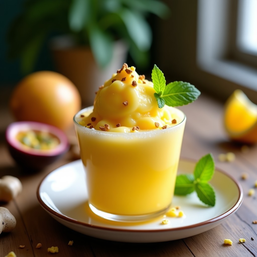 Sorbete de maracuyá con jengibre fresco servido en copa de cristal transparente, decorado con raspaduras de jengibre y hojas de menta, sobre fondo de madera rústica. Postre colombiano keto y sin lactosa con textura cremosa y color amarillo vibrante.