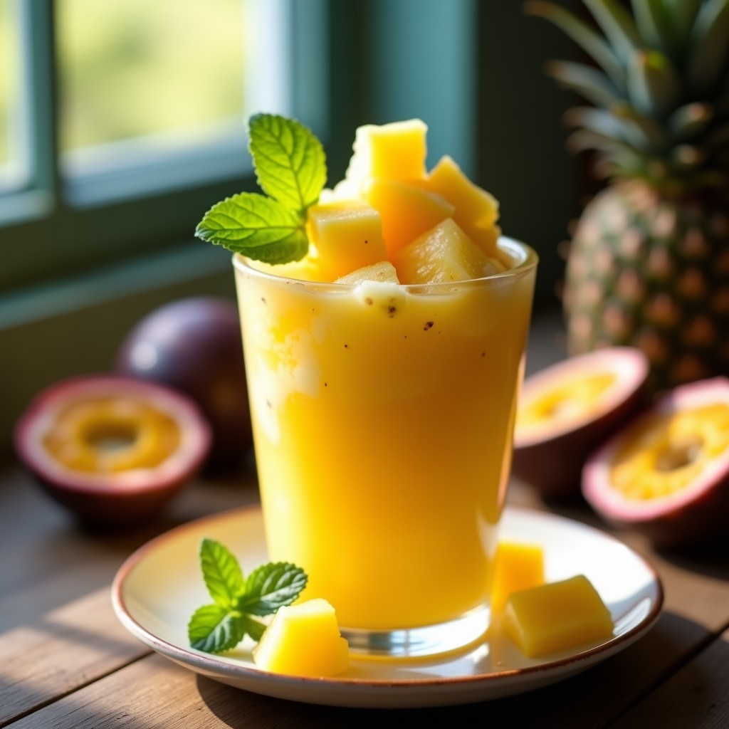 Sorbete de maracuyá y jengibre con trozos de piña fresca en copa de cristal transparente, decorado con hojas de menta y rodajas de piña, sobre fondo de madera rústica con luz natural.