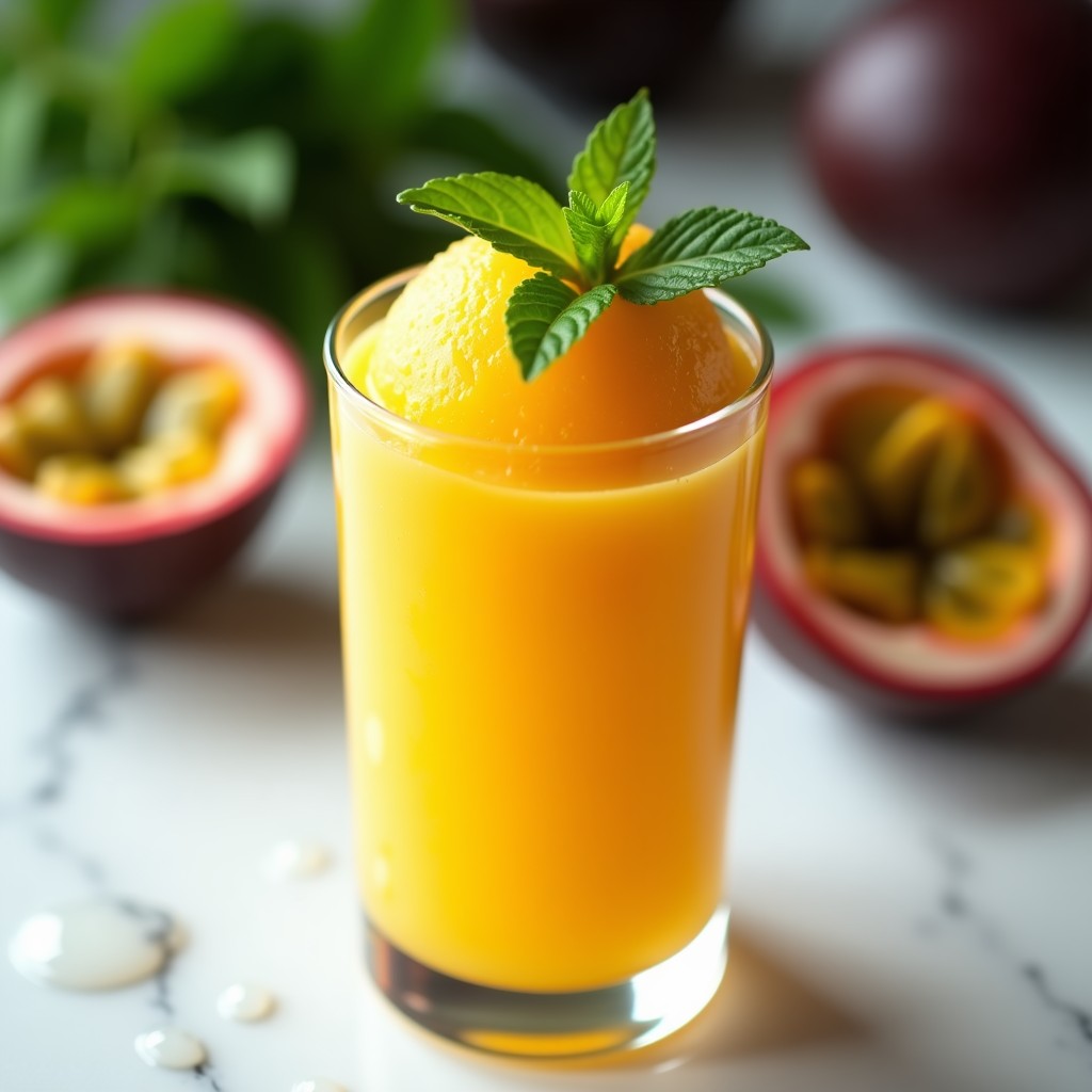 Copa de cristal transparente con sorbete de maracuyá y mango de color amarillo vibrante, decorado con hojas verdes de hierbabuena y semillas negras de maracuyá. Fondo borroso con trozos de mango fresco y rodajas de limón.
