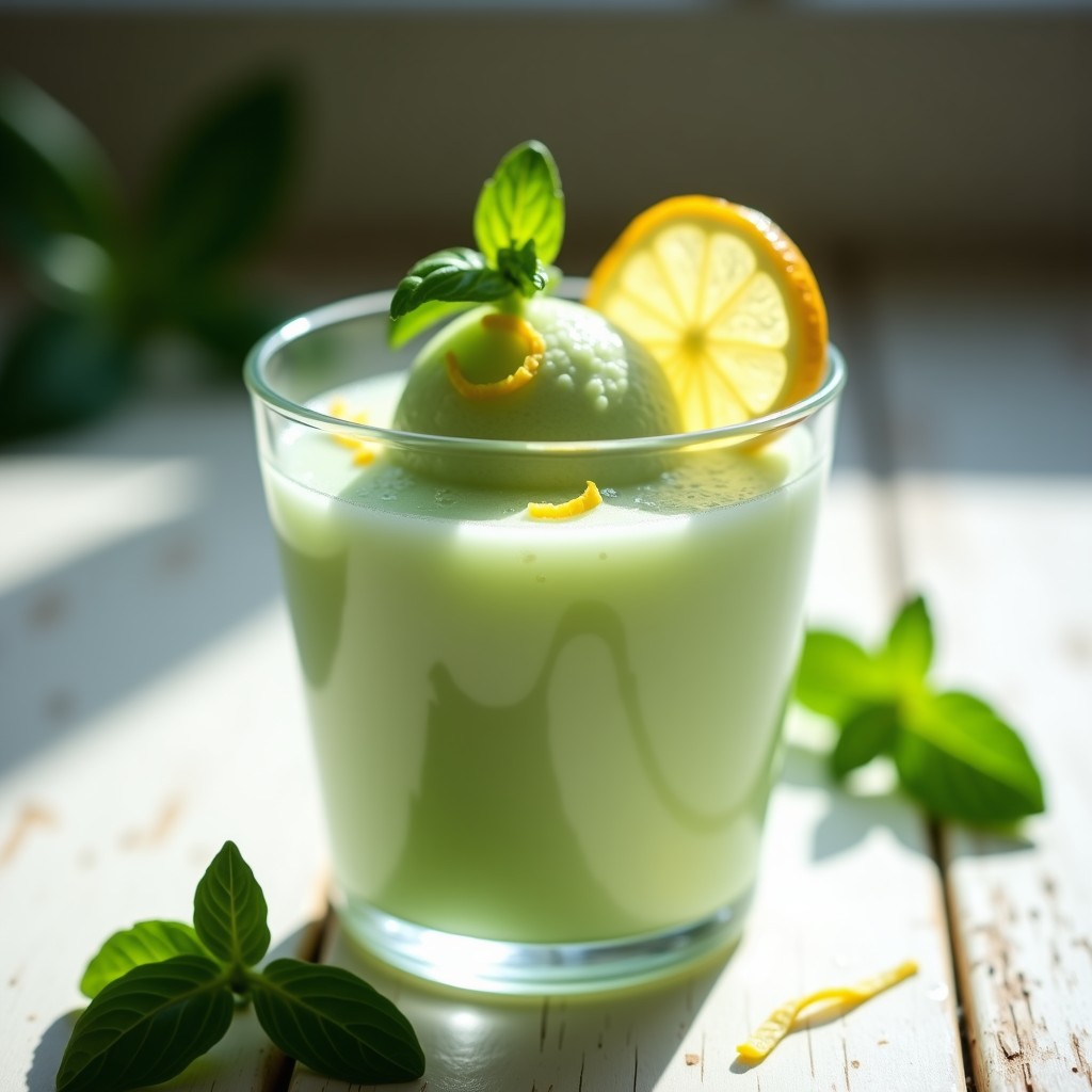 Copa de cristal transparente con sorbete de pepino y albahaca, decorado con virutas de limón confitado y hojas de albahaca fresca. Fondo de madera clara con limones y pepinos al lado.