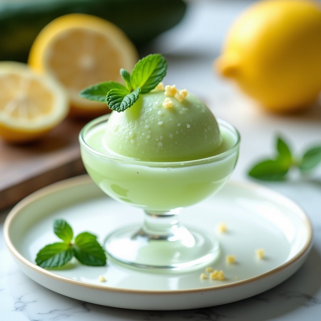 Copa de cristal transparente con sorbete de pepino y limón, decorado con hojas de menta y un toque de flor de sal. Fondo borroso con limones y rodajas de pepino.