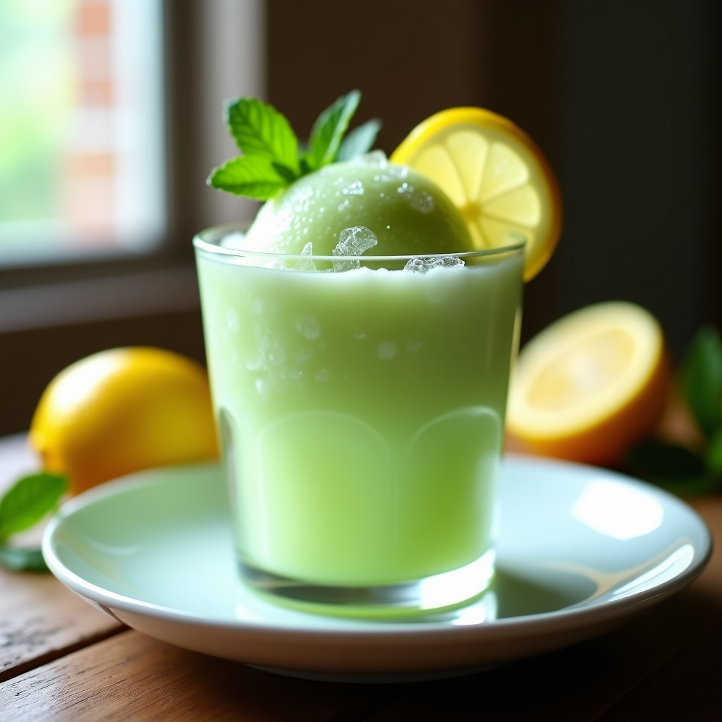 Copa de cristal transparente con sorbete de pepino y limón con mentol, color verde pálido, decorado con rodaja de limón y hoja de menta, fondo borroso con luz natural.