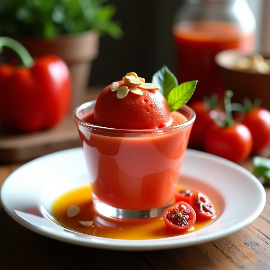 Copa de cristal transparente con sorbete de pimiento rojo asado y tomate seco, de color vibrante anaranjado, decorado con tiritas de pimiento rojo fresco y una pizca de pimentón ahumado. Fondo borroso con textura de hielo y luz natural resaltando la frescura del postre salado vegano.