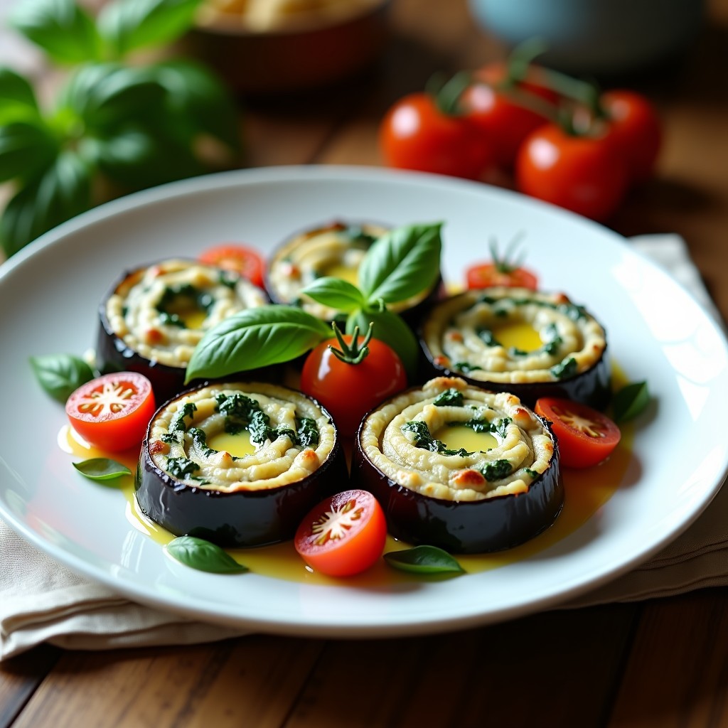 Plato blanco con seis sorrentinos de espinaca y ricotta al microondas, servidos sobre hojas de albahaca fresca y acompañados de tomates cherry asados. La berenjena asada forma la base de cada sorrentino, rellenos de una mezcla cremosa de espinaca y ricotta, con un toque dorado del parmesano. Receta italiana sin gluten lista en 10 minutos.