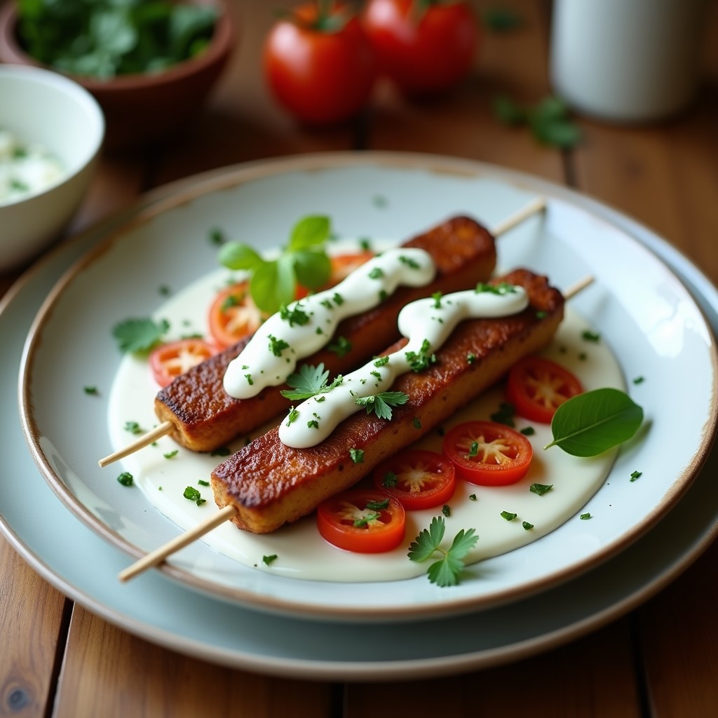 Plato de souvlaki vegano en airfryer: brochetas de seitán dorado servidas en pan pita integral, acompañadas de salsa tzatziki sin lactosa, cebolla morada, tomate fresco y eneldo. Receta griega tradicional adaptada a versión vegana y sin lactosa.