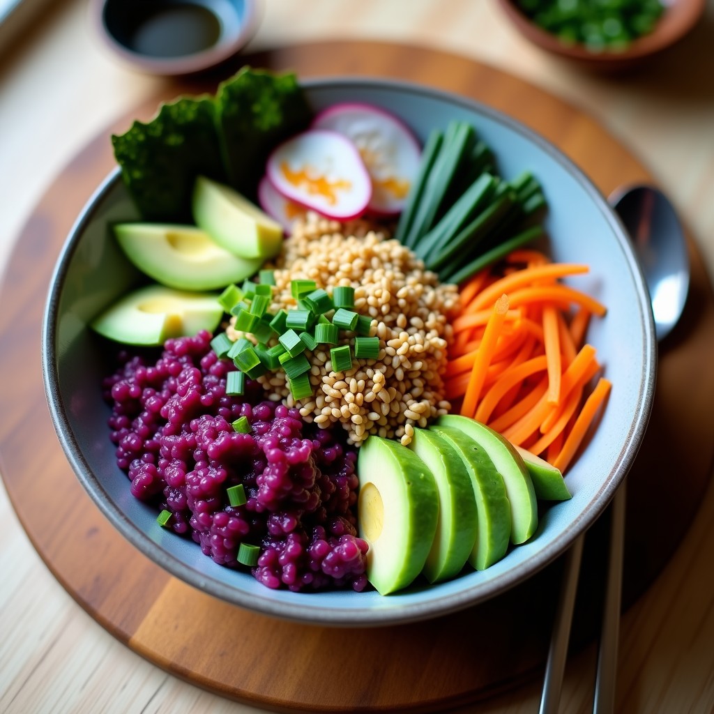Sushi Bowl vegano y probiótico con arroz blanco, cubos de aguacate cremoso, kraut de col morada fermentada, pepino japonés en juliana, zanahoria rallada y semillas de sésamo negro y blanco, decorado con trozos de alga nori tostada.