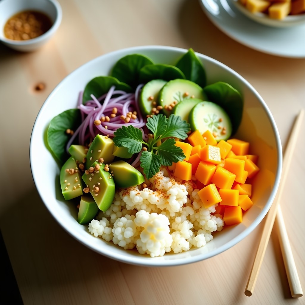 Sushi Bowl de Aguacate y Mango con Vinagreta de Sésamo: Receta Vegana en 20 Minutos