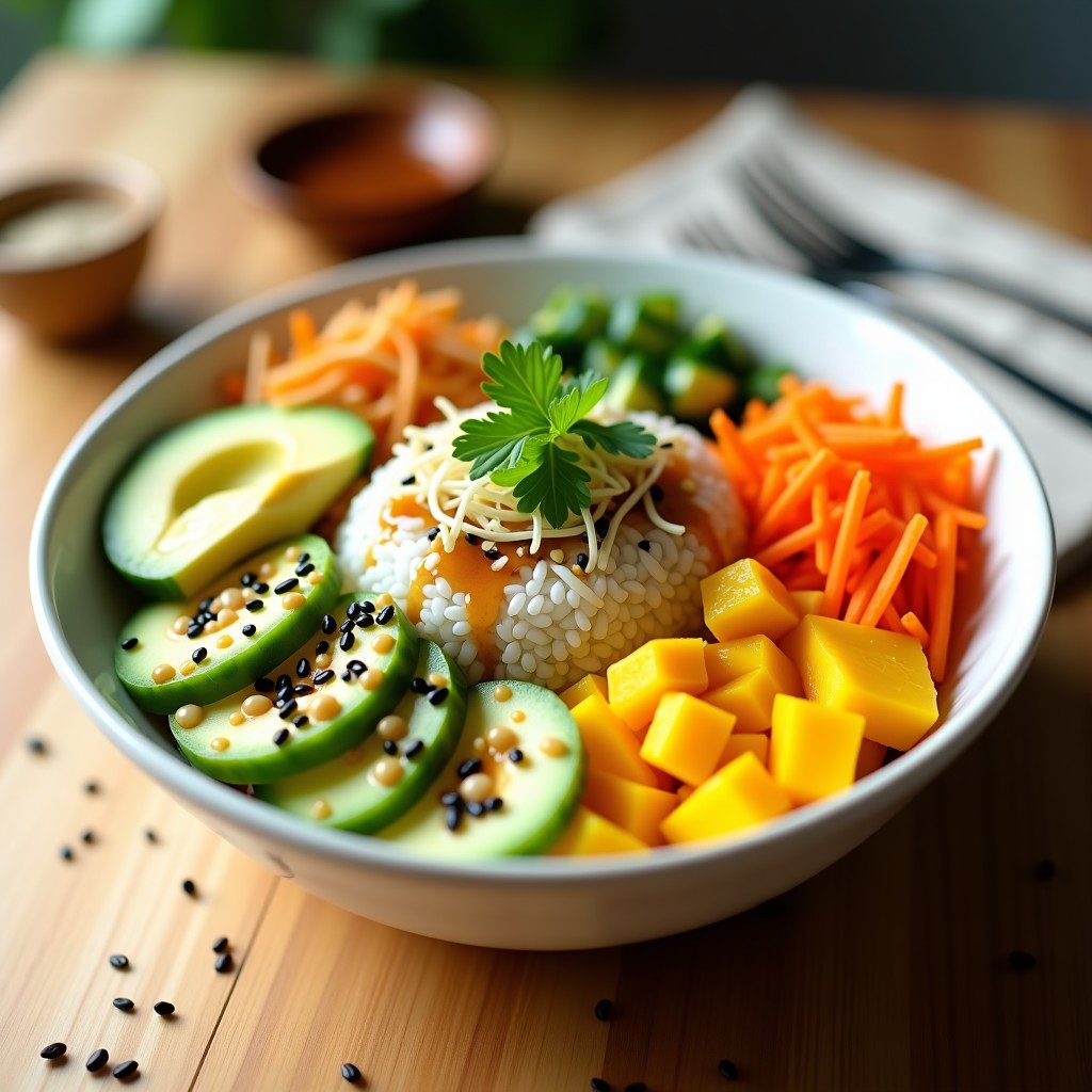 Sushi Bowl vegano sin cocción con arroz blanco, cubos de mango dorado y aguacate verde cremoso, decorado con algas nori, semillas de sésamo negro y blanco, germinados de rábano y vinagreta de sésamo brillante. Plato colorido y fresco sobre fondo de madera clara.