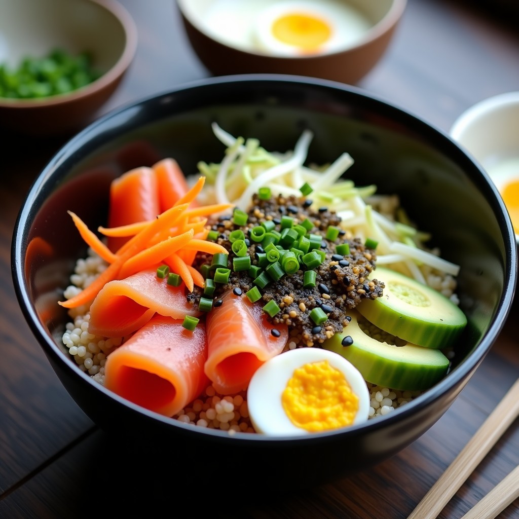 Sushi Bowl de Quinoa con Salmón Ahumado y Salsa Wasabi en bol negro hondo, con quinoa esponjosa como base, láminas de salmón ahumado rosado, aguacate en cubos verdes, zanahoria rallada naranja, pepino en juliana, huevos de codorniz partidos, semillas de sésamo negro y tiras de alga nori. Salsa wasabi cremosa en un pequeño recipiente aparte, decorado con cebollino fresco. Receta japonesa sin raw, colorida y saludable.