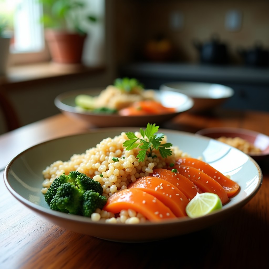 Sushi Bowl de quinoa y salmón ahumado en bol negro, con láminas de salmón, aguacate, pepino, zanahoria rallada, semillas de sésamo y aderezo de sésamo y limón, decorado con algas nori y huevas de tobiko.