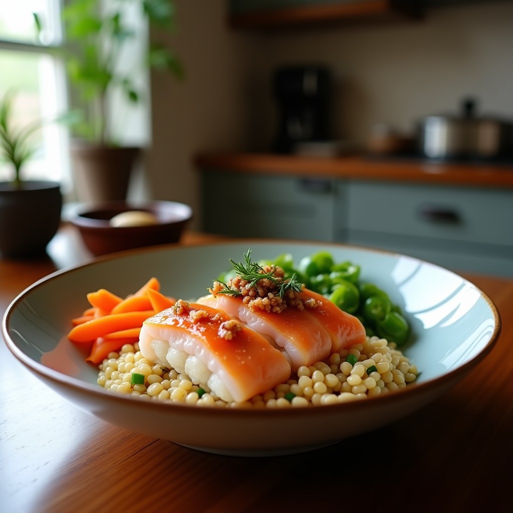 Sushi Bowl de Quinoa y Salmón con salsa teriyaki casera, servido en un bol negro con base de quinoa blanca, cubos de salmón dorado, láminas de aguacate, juliana de zanahoria y pepino, y semillas de sésamo espolvoreadas. Algas nori desmenuzadas y zest de limón como decoración final.