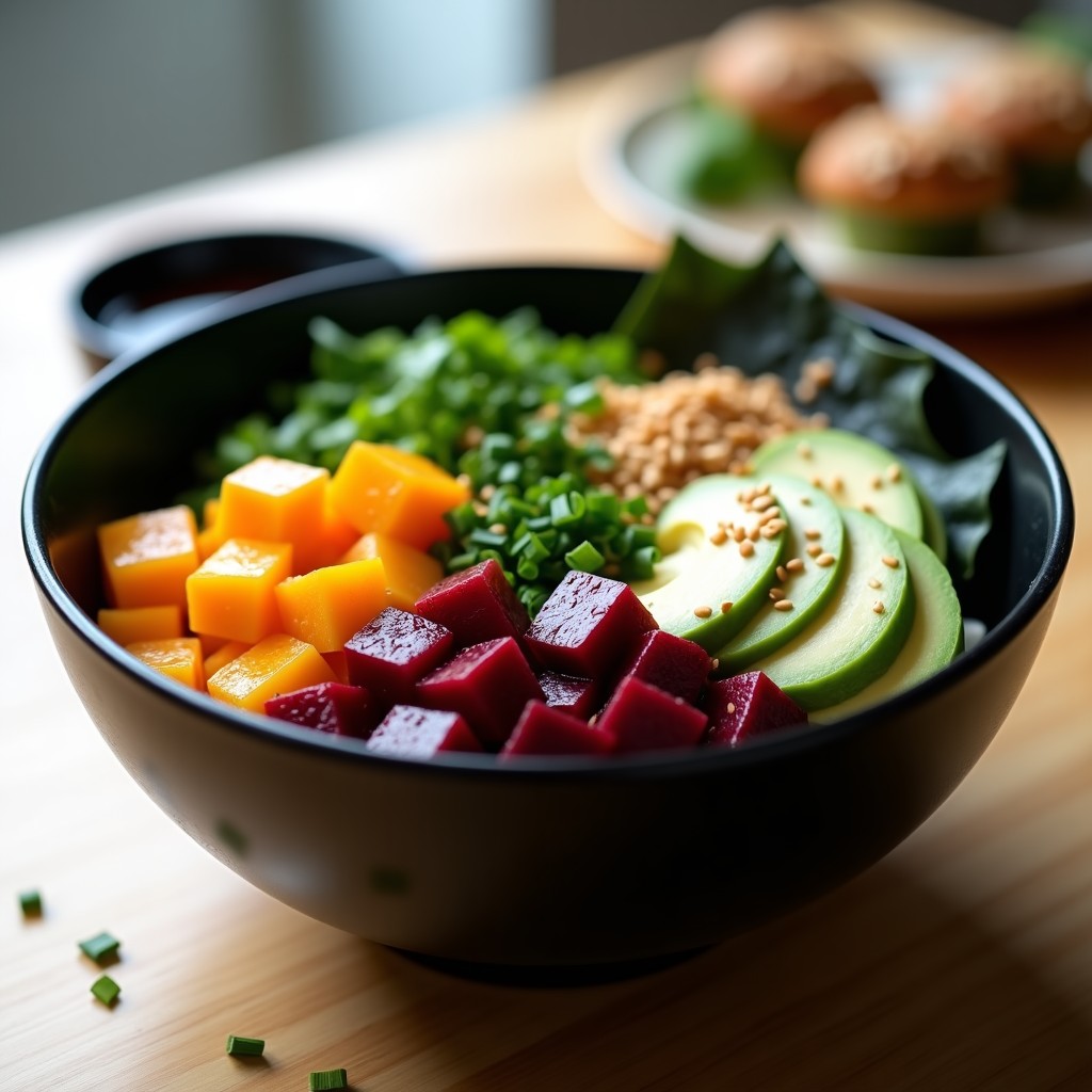 Sushi Bowl vegano en cuenco negro con remolacha marinada en cubos, queso cremoso de anacardos en hilos, aguacate en láminas, alga nori en tiras, semillas de sésamo y cebollino. Plato colorido con toques umami, listo para comer.