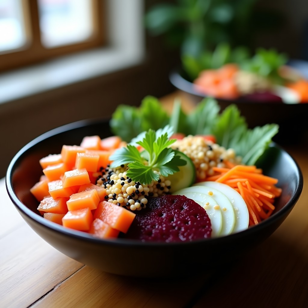 Sushi Bowl de remolacha y salmón ahumado sin arroz, con capas de remolacha asada en cubos, láminas de salmón rosado, aguacate verde, pepino y zanahoria en juliana, decorado con semillas de sésamo negro, tiras de alga nori y cilantro fresco, bañado en un aderezo brillante de wasabi y miel.