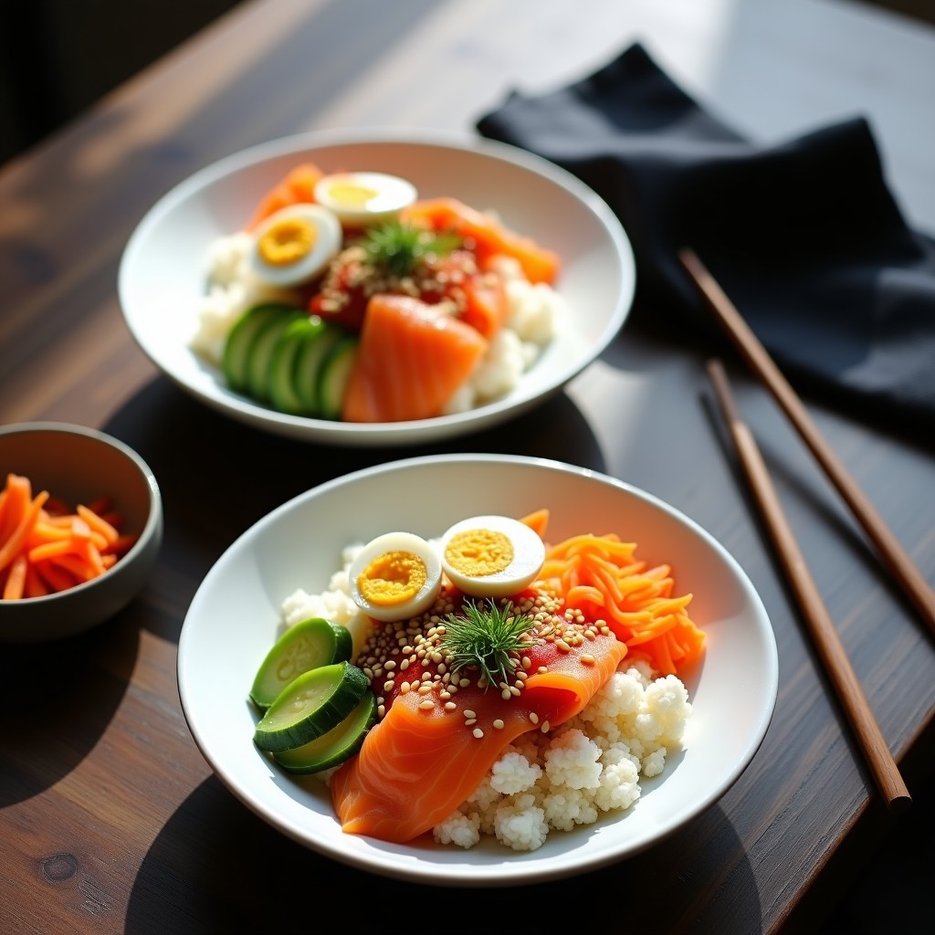 Sushi bowls de coliflor con base de arroz de coliflor salteado, láminas de salmón ahumado rosado, cubos de aguacate verde, julianas de pepino y zanahoria, huevos de codorniz partidos, espolvoreados con sésamo tostado, copos de nori y cebollino, con un hilo de salsa sriracha roja. Plato keto sin arroz, alto en proteína y bajo en carbohidratos.