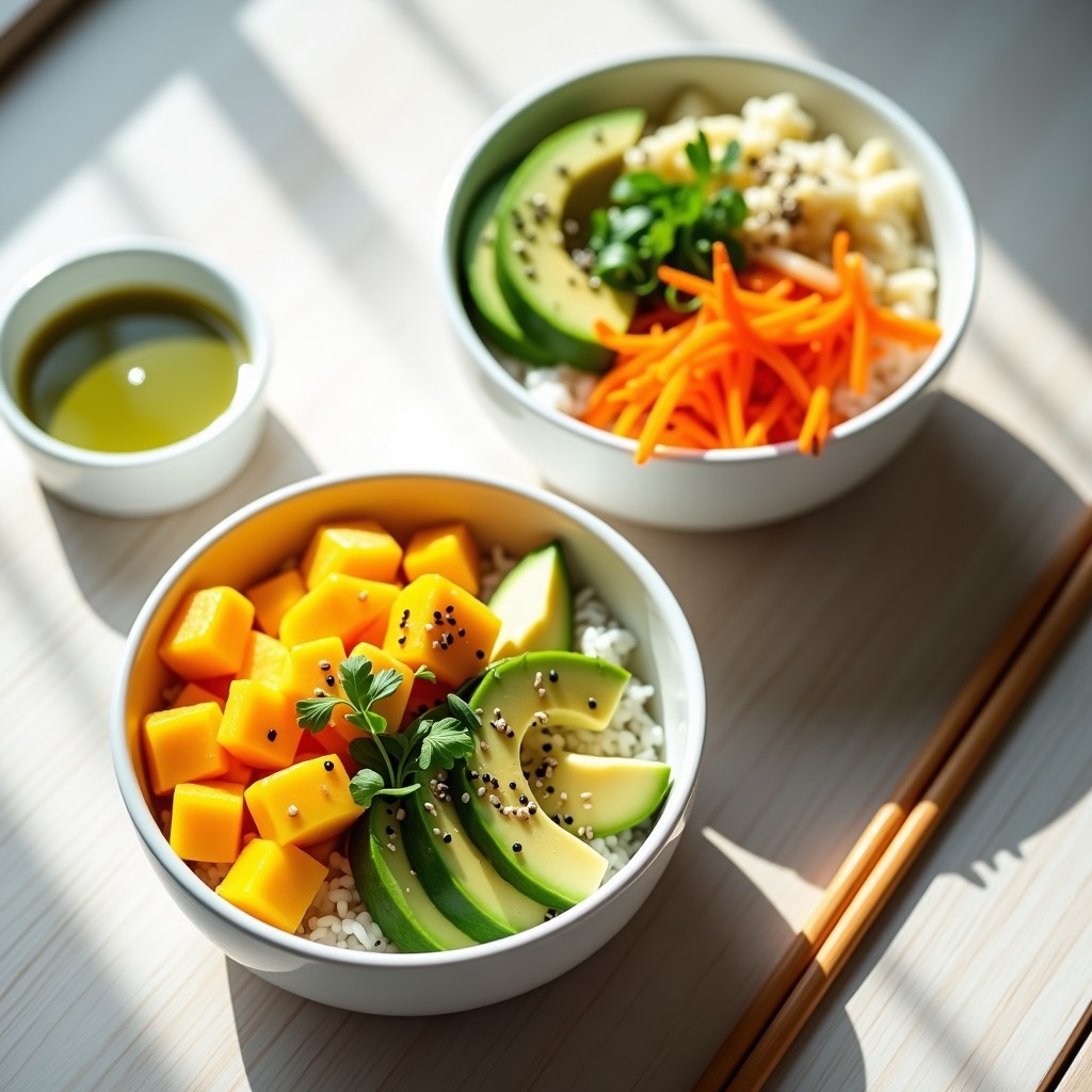Sushi Bowls de Mango y Aguacate con Vinagreta de Wasabi: Receta Japonesa en 10 Minutos
