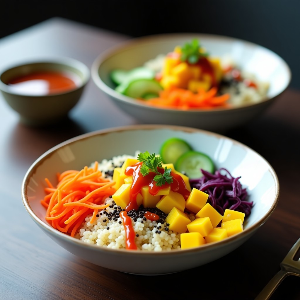 Sushi Bowls de Quinoa y Mango con Salsa Sriracha en un bol negro, con quinoa esponjosa, cubos de mango dorado, láminas de aguacate, pimiento rojo asado y cebolla morada, decorado con semillas de sésamo y alga nori, bañado en salsa sriracha cremosa.