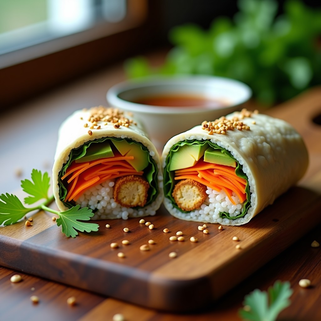 Sushi burrito vegano cortado por la mitad, mostrando capas de arroz para sushi, aguacate cremoso, zanahoria naranja en juliana, tofu dorado glaseado con salsa teriyaki y semillas de sésamo. Presentado sobre una tabla de madera con salsa teriyaki al lado y hojas de cilantro fresco.