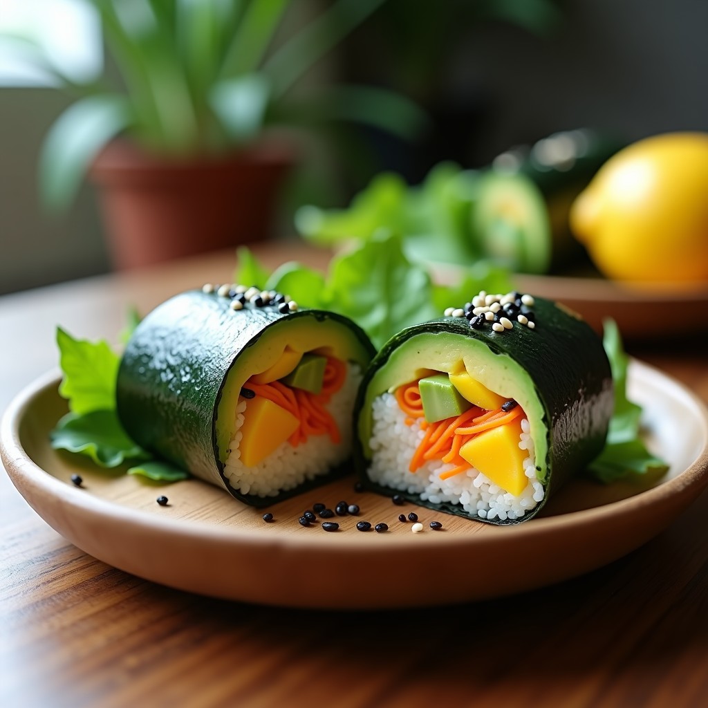 Sushi burrito vegano de aguacate y mango cortado por la mitad, mostrando capas de quinoa, aguacate, mango, pepino y zanahoria, envuelto en alga nori y espolvoreado con semillas de sésamo negro. Plato fresco y colorido sobre fondo de madera.