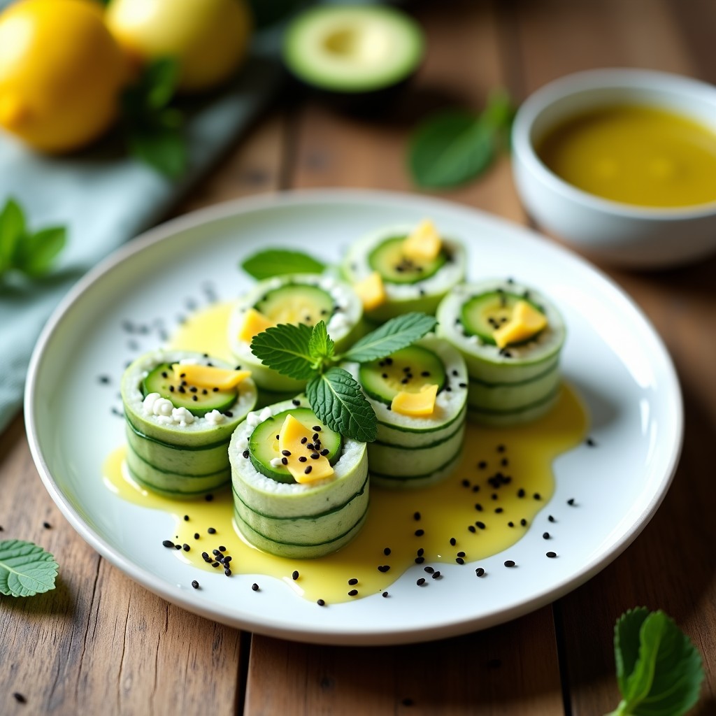 Plato blanco con rollitos de sushi de calabacín rellenos de queso de cabra, aguacate y pepino, bañados en vinagreta de limón y decorados con semillas de sésamo negro y hojas de menta sobre fondo rústico de madera.