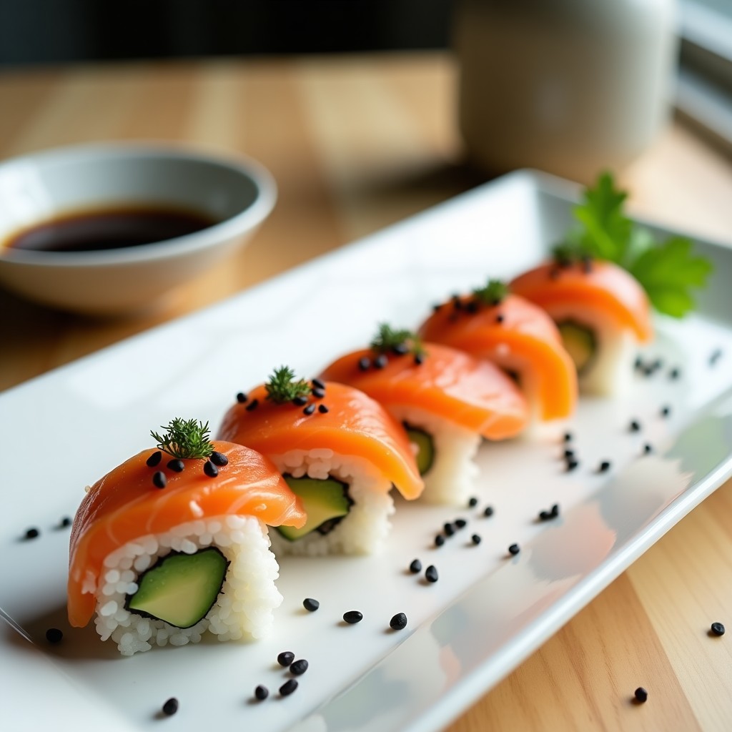 Plato blanco rectangular con sushi de coliflor y salmón ahumado, presentados como nigiri con base de arroz de coliflor, salmón en láminas, aguacate en cubos y semillas de sésamo negro. Acompañados de wasabi y salsa de soja, con fondo minimalista y luz natural.