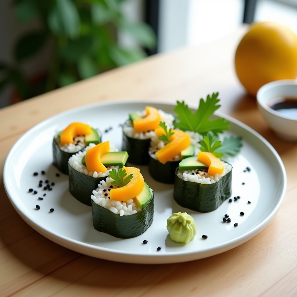 Plato blanco con sushi de mango y aguacate sobre arroz de coliflor tostado, enrollado en alga nori y cortado en porciones. Acompañado de salsa de soja, wasabi y semillas de sésamo negro. Receta keto sin gluten.