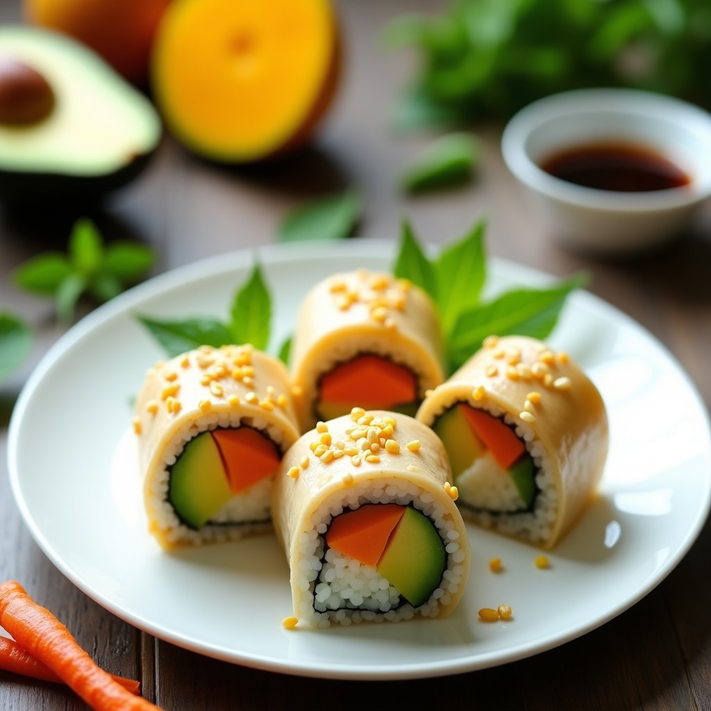 Plato blanco con sushi de mango y aguacate envuelto en rice paper, cortado en porciones diagonalmente. Acompañado de salsa de soja con semillas de sésamo y rodajas de limón. Receta sin arroz y baja en calorías.