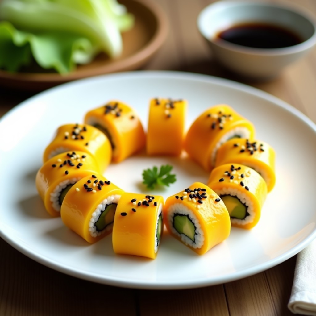 Plato blanco con rollos de sushi vegano de mango y aguacate cortados en porciones, bañados con vinagreta de yuzu y decorados con semillas de sésamo negro y blanco. Fondo minimalista con hojas de lechuga y un cuenco pequeño de salsa de soja.